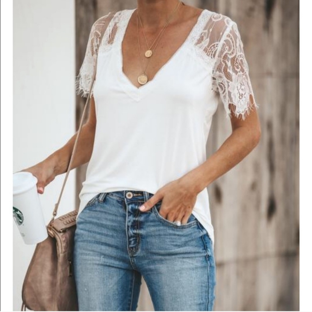 POL Eyelash Lace Sleeve White V-Neck Tee T-Shirt White Romantic Boho Fairy Sheer